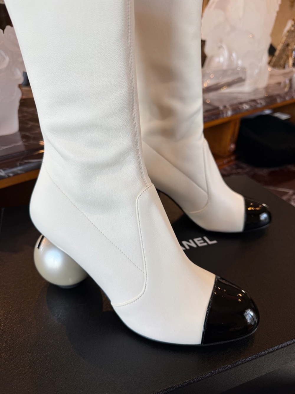 CHANEL White Over-the-Knee Boots with Black Cap Toe and Pearl Heel